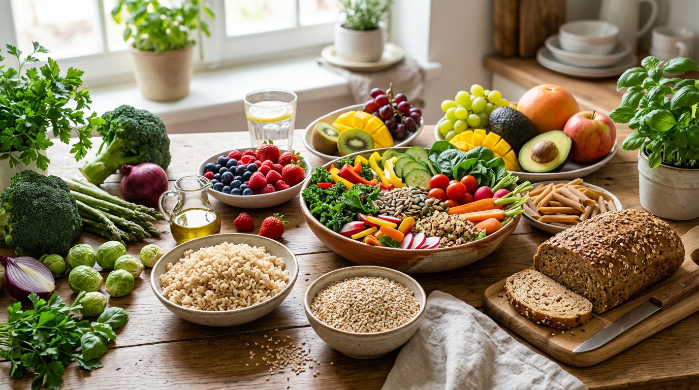 Zdravá výživa plná zeleniny, ovocia a celozrnných výrobkov
